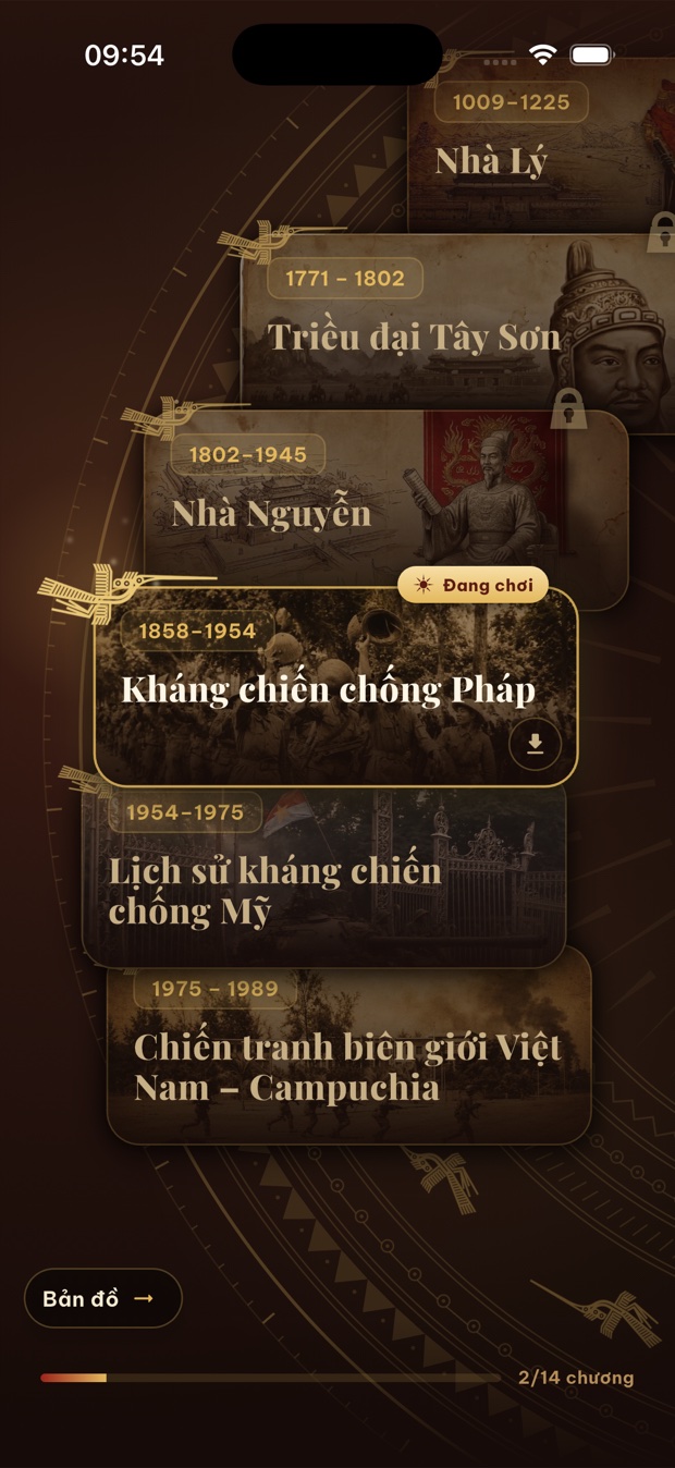 Màn hình chọn kỷ nguyên trong ứng dụng Ngược Dòng Việt Sử