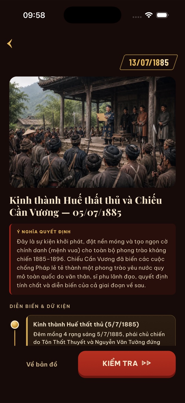 Màn hình đọc nội dung một mốc lịch sử