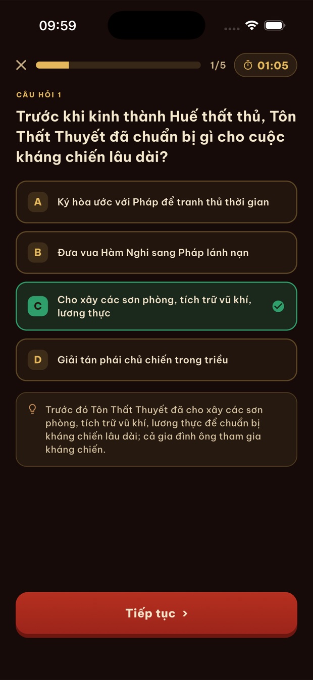 Màn hình làm quiz với câu hỏi và các đáp án